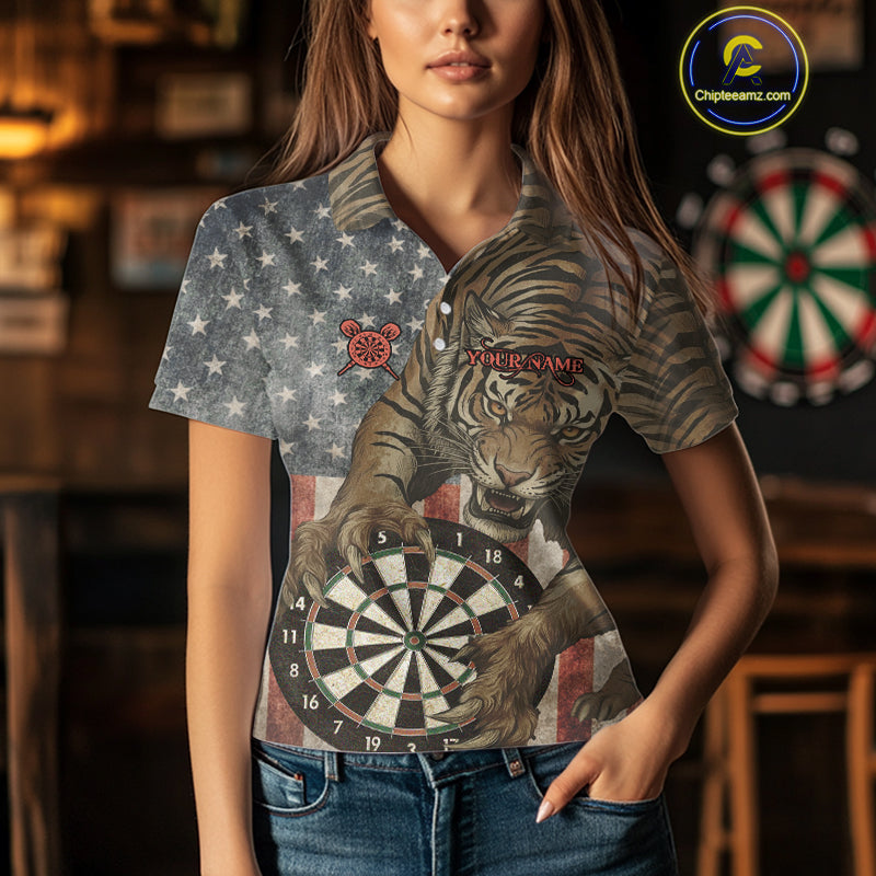 Personalized Vintage American Flag Tiger Darts Shirt For Women, Patriotic Dart Team Jerseys TDM5189