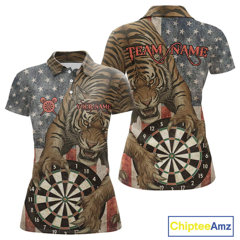 Personalized Vintage American Flag Tiger Darts Shirt For Women, Patriotic Dart Team Jerseys TDM5189