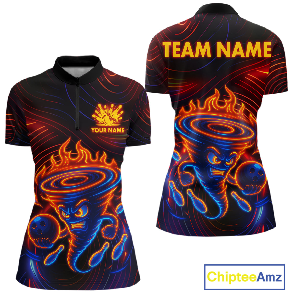 Funny Neon Tornado Flame Bowling Jersey For Women Custom Bowling Shirt Team Polo & Quarter Zip TDM5447