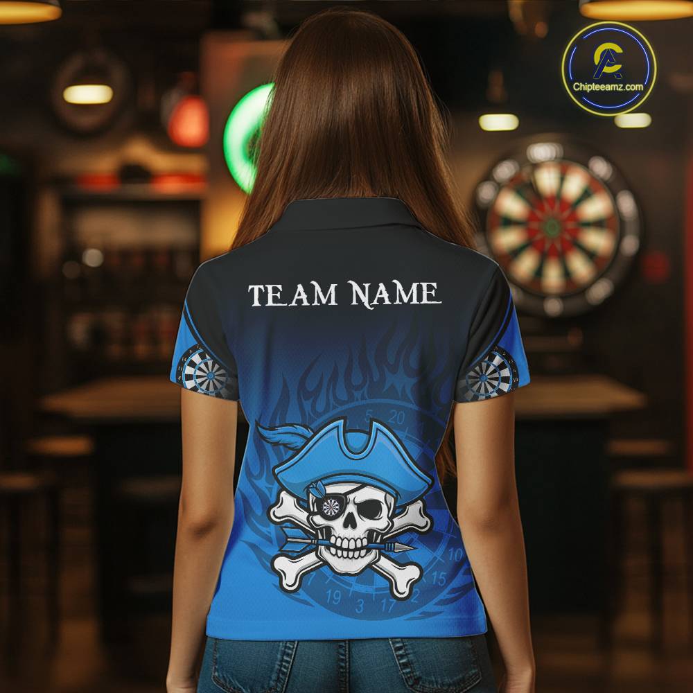 Black And Blue Funny Pirate Flame Skull Darts Shirt For Women Custom Dart Jersey Team Polo, 1/4 Zip TDM5703