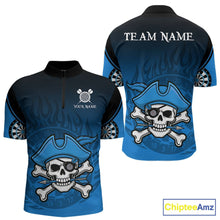 Load image into Gallery viewer, Black And Blue Funny Pirate Flame Skull Darts Shirt For Men Custom Dart Jersey Team Polo, 1/4 Zip TDM5703