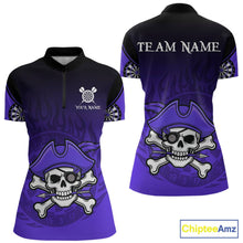 Load image into Gallery viewer, Black Purple Funny Pirate Flame Skull Darts Shirt For Women Custom Dart Jerseys Team Polo &amp; 1/4 Zip TDM5704