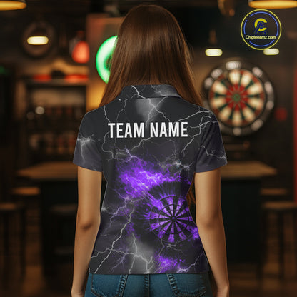 Custom Lightning Flame Purple Dart Shirt For Women, Darts Jersey Pocket Option TDM5914
