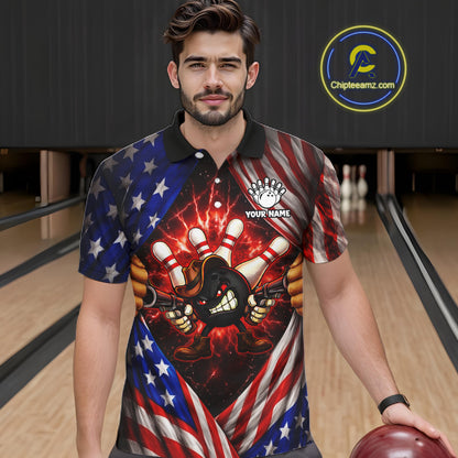 Glowing American Flag Funny Bowling Shirt For Men Custom Patriotic Bowling Jersey Polo & 1/4 Zip TDM6319