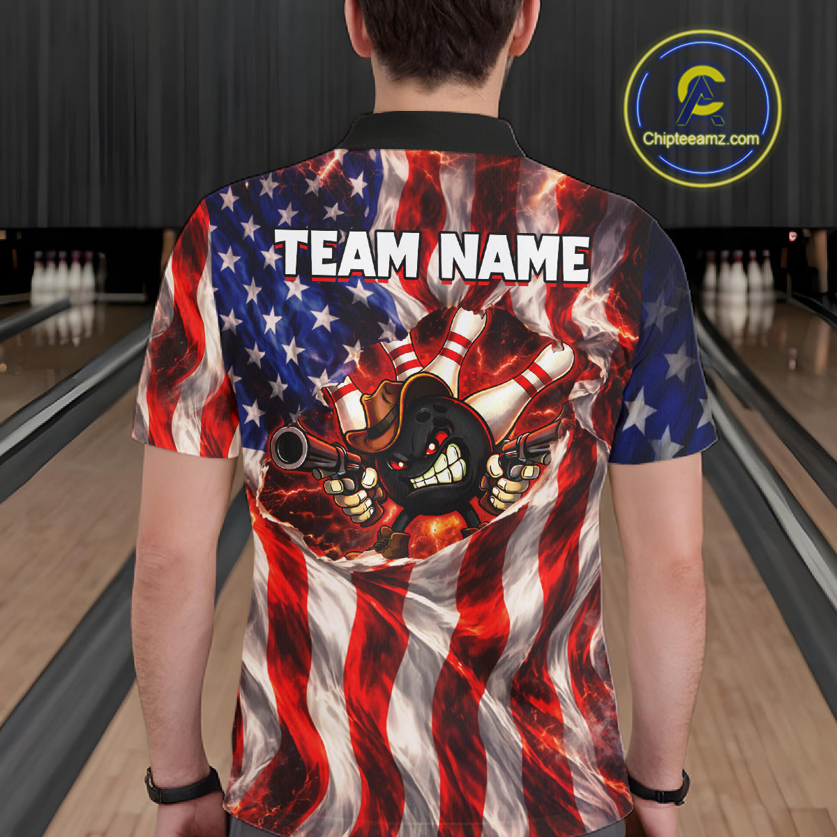 Glowing American Flag Funny Bowling Shirt For Men Custom Patriotic Bowling Jersey Polo & 1/4 Zip TDM6319