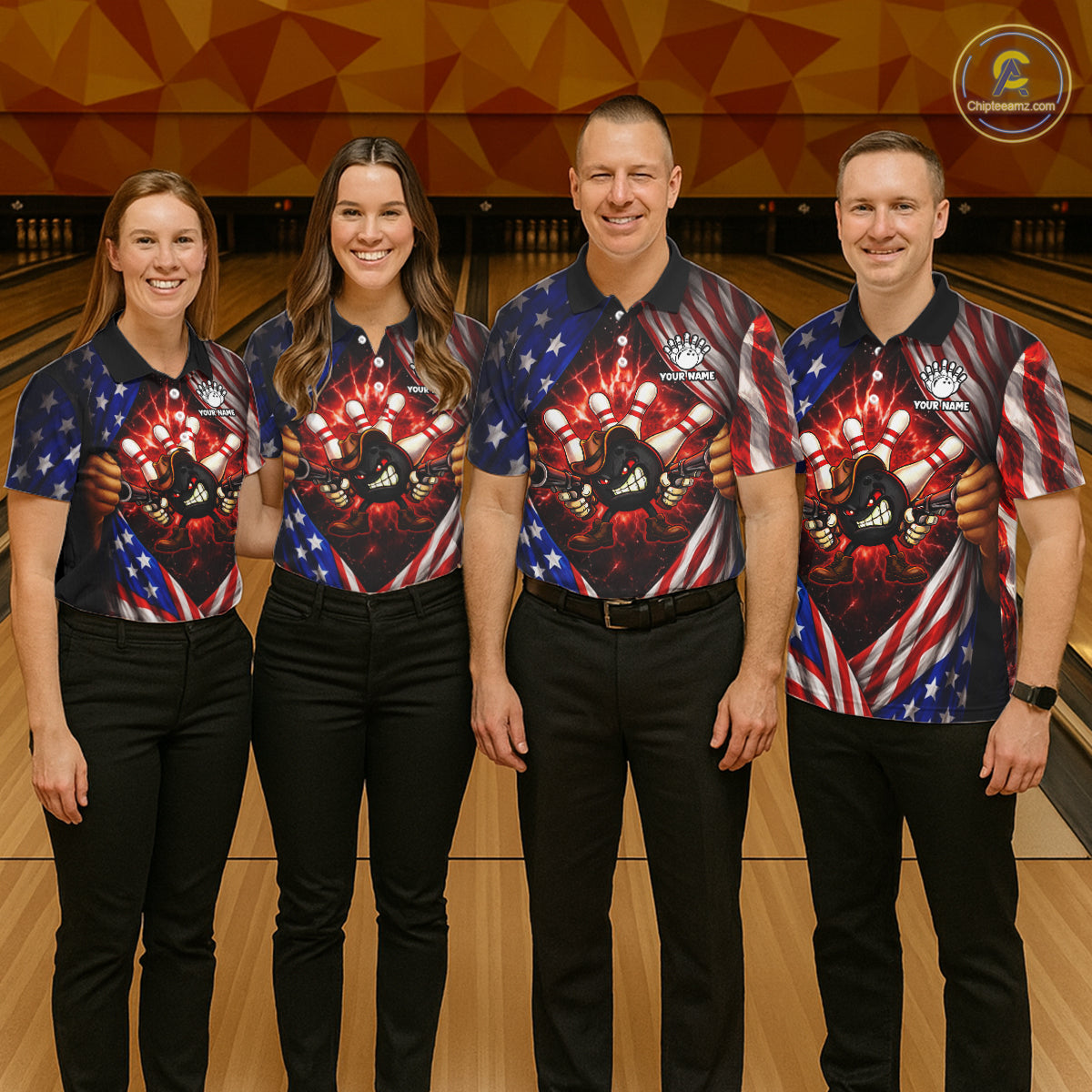Glowing American Flag Funny Bowling Shirt For Men Custom Patriotic Bowling Jersey Polo & 1/4 Zip TDM6319