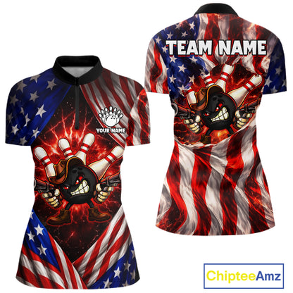 Glowing American Flag Funny Bowling Shirt For Women Custom Patriotic Bowling Jersey Polo & 1/4 Zip TDM6319