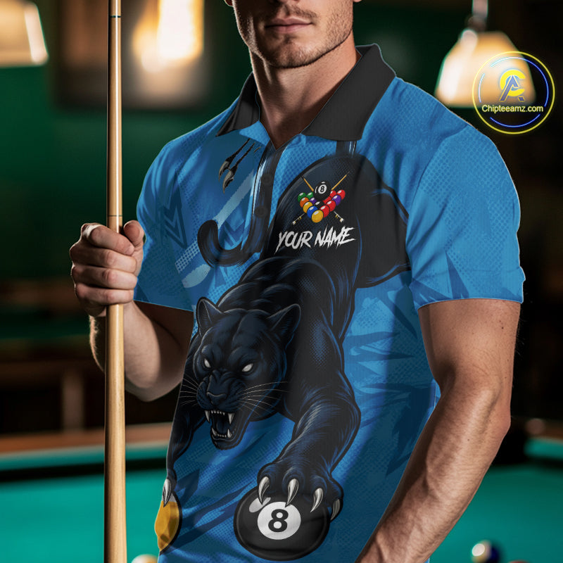 Custom Blue 8 Ball & 9 Ball Panther Billiard Shirt For Men, Billiard Team Jersey Polo & 1/4 Zip TDM6494
