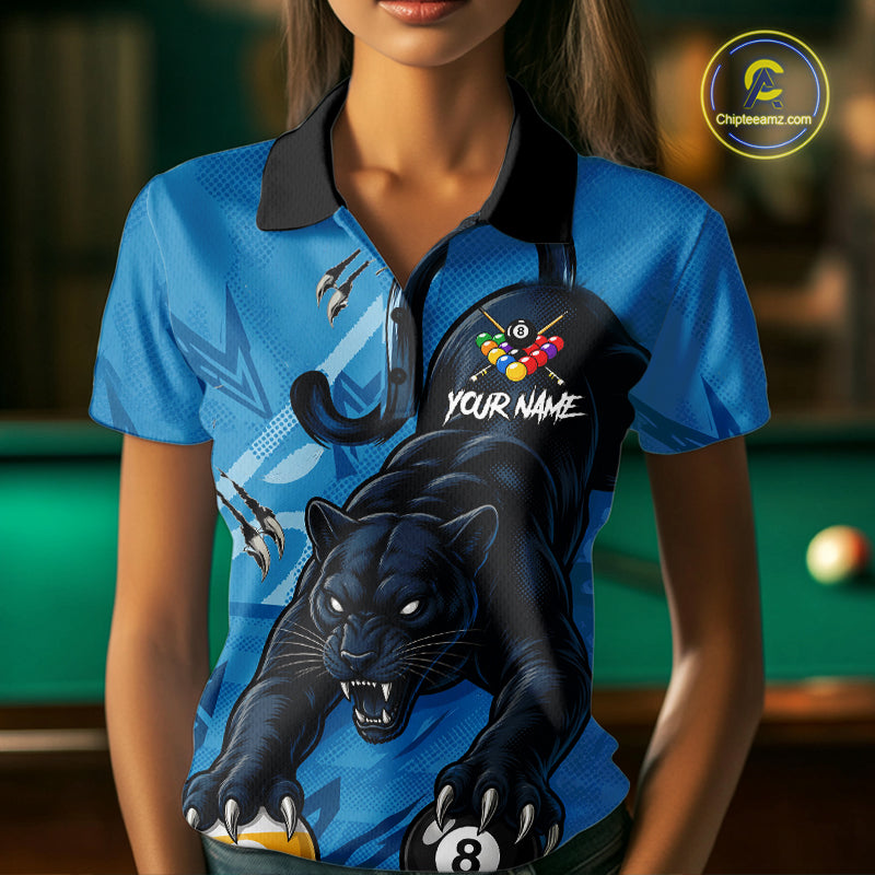 Custom Blue 8 Ball & 9 Ball Panther Billiard Shirt For Women, Billiard Team Jersey Polo & 1/4 Zip TDM6494
