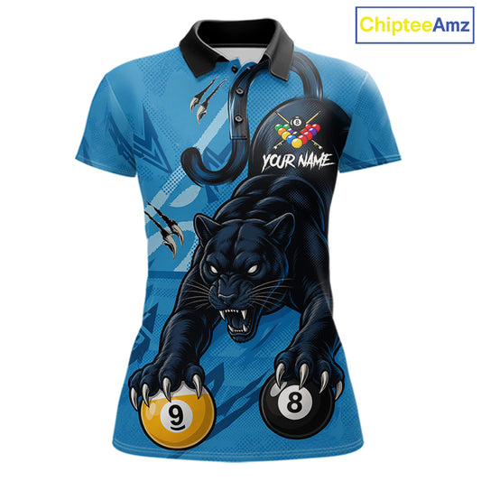 Custom Blue 8 Ball & 9 Ball Panther Billiard Shirt For Women, Billiard Team Jersey Polo & 1/4 Zip TDM6494