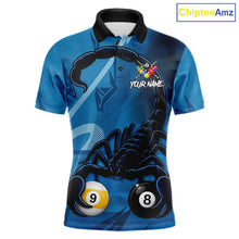 Load image into Gallery viewer, Custom Blue 8 Ball &amp; 9 Ball Scorpion Billiard Shirt For Men, Billiard Team Jersey Polo &amp; 1/4 Zip TDM6495