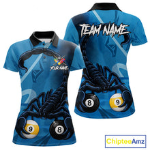 Load image into Gallery viewer, Custom Blue 8 Ball &amp; 9 Ball Scorpion Billiard Shirt For Women, Billiard Team Jersey Polo &amp; 1/4 Zip TDM6495