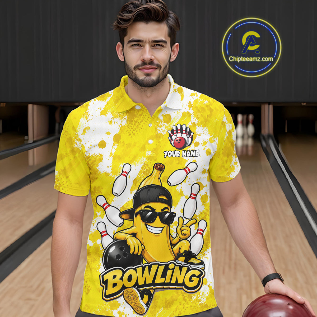 Man wearing a funny yellow banana bowling polo shirt at a bowling alley front view.