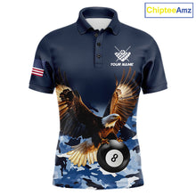 Load image into Gallery viewer, Blue camo eagle 8 ball billiard pool team jersey polo shirt for men featuring blue camouflage artwork with a detailed eagle design, premium custom billiard league apparel for tournaments and league competition.