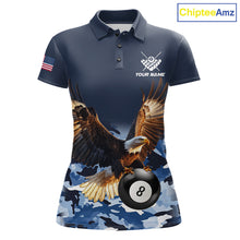 Load image into Gallery viewer, Blue camo eagle 8 ball billiard pool team jersey polo shirt for women featuring blue camouflage artwork with a detailed eagle design, premium custom billiard league apparel for tournaments and league competition.