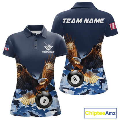 Blue camo eagle 8 ball billiard pool team jersey polo shirt for women featuring blue camouflage artwork with a detailed eagle design, premium custom billiard league apparel for tournaments and league competition.