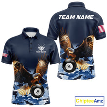 Load image into Gallery viewer, Blue camo eagle 8 ball billiard pool team jersey polo shirt for men featuring blue camouflage artwork with a detailed eagle design, premium custom billiard league apparel for tournaments and league competition.
