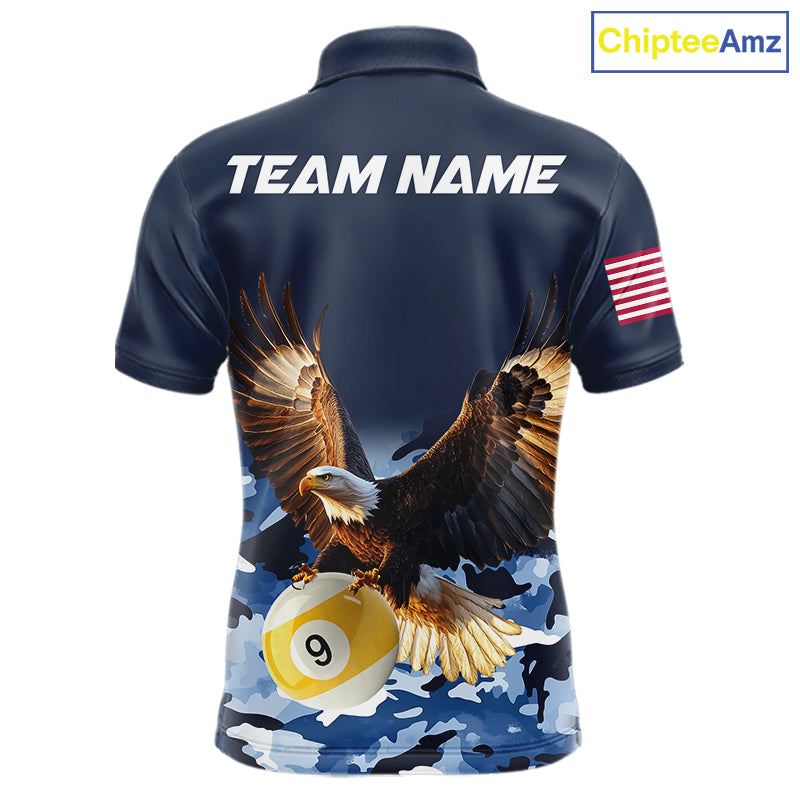 Blue camo eagle 8 ball and 9 ball pool billiard team jersey polo shirt for men featuring blue camouflage artwork with a powerful eagle, premium custom pool league apparel for tournaments and team competition.