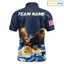 Load image into Gallery viewer, Blue camo eagle 8 ball and 9 ball pool billiard team jersey polo shirt for men featuring blue camouflage artwork with a powerful eagle, premium custom pool league apparel for tournaments and team competition.