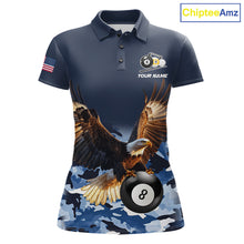 Load image into Gallery viewer, Blue camo eagle 8 ball and 9 ball pool billiard team jersey polo shirt for women featuring blue camouflage artwork with a powerful eagle, premium custom pool league apparel for tournaments and team competition.