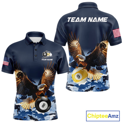 Blue camo eagle 8 ball and 9 ball pool billiard team jersey polo shirt for men featuring blue camouflage artwork with a powerful eagle, premium custom pool league apparel for tournaments and team competition.