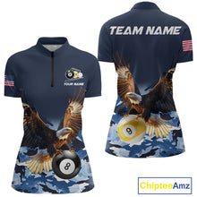 Load image into Gallery viewer, Blue camo eagle 8 ball and 9 ball pool billiard team jersey quarter zip shirt for women featuring premium blue camouflage eagle graphics for competitive pool players.