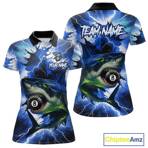 Thunder Lightning Storm Custom Shark Billiard Shirt For Women, 8 Ball Pool Billiard Team Jersey|Blue TDM4571