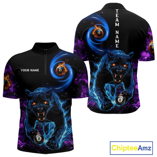 Personalized Blue Purple  Flaming 3D Panther Billiard Shirts For Men, Cool Team Billiard Jerseys TDM5196