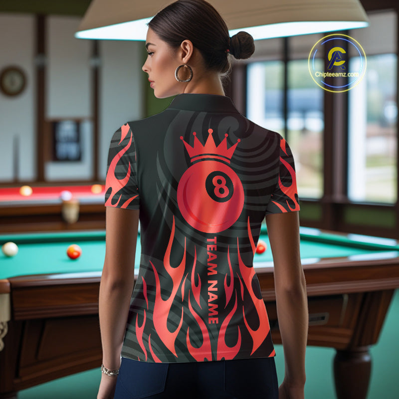 Custom Crown 8 Ball Billiard Shirt For Women, Black And Red Pool Team Jersey Polo & Quarter Zip TDM5458