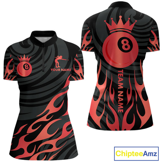 Custom Crown 8 Ball Billiard Shirt For Women, Black And Red Pool Team Jersey Polo & Quarter Zip TDM5458