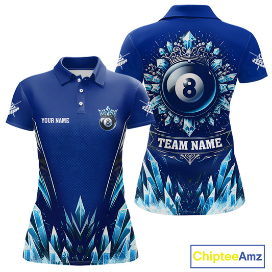 Blue 8 Ball Pool Icy Billiard Polo & 1/4 Zip For Women Custom Billiard League Team Jersey TDM5715