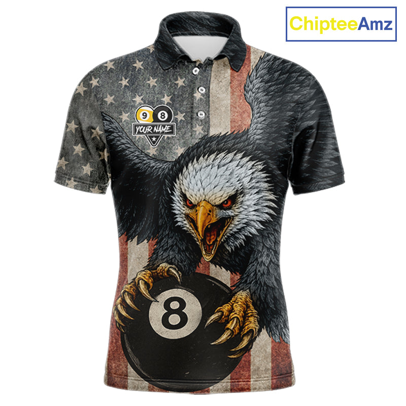 Personalized 8 Ball & 9 Ball Vintage American Flag Eagle Billiard Shirt For Men, Pool Team Jersey TDM5720