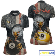 Load image into Gallery viewer, Personalized 8 Ball &amp; 9 Ball Vintage American Flag Eagle Billiard Shirt For Women, Pool Team Jersey TDM5720