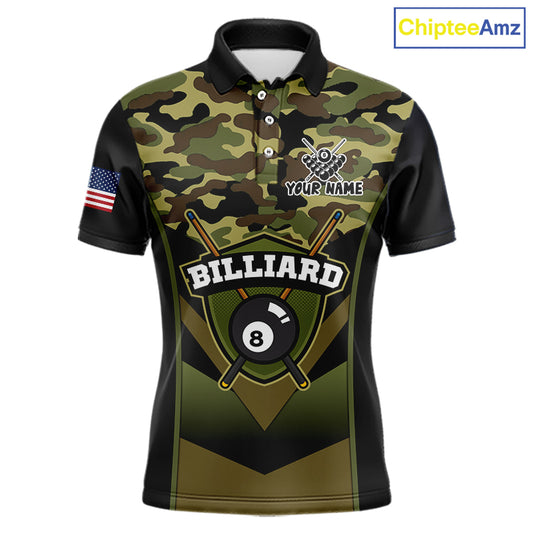 Personalized Green Camo 8 Ball Pool Billiard Shirt For Men, Billiard Team Jersey Polo & 1/4 Zip TDM6076