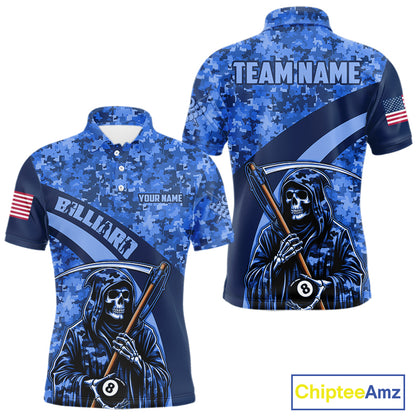 Personalized Grim Reaper Blue Camo Billiard Shirts For Men Custom Military Billiard Jerseys TDM3985