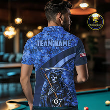 Load image into Gallery viewer, Personalized Grim Reaper Blue Camo Billiard Shirts For Men Custom Military Billiard Jerseys TDM3985