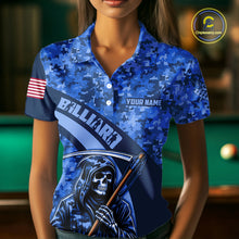 Load image into Gallery viewer, Personalized Grim Reaper Blue Camo Billiard Shirts For Women Custom Military Billiard Jerseys TDM3985