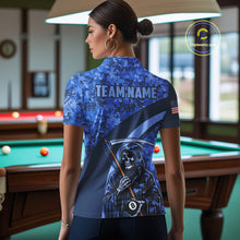 Load image into Gallery viewer, Personalized Grim Reaper Blue Camo Billiard Shirts For Women Custom Military Billiard Jerseys TDM3985
