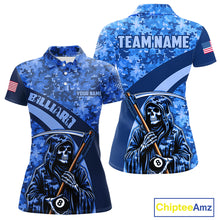 Load image into Gallery viewer, Personalized Grim Reaper Blue Camo Billiard Shirts For Women Custom Military Billiard Jerseys TDM3985
