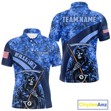 Load image into Gallery viewer, Personalized Grim Reaper Blue Camo Billiard Shirts For Men Custom Military Billiard Jerseys TDM3985