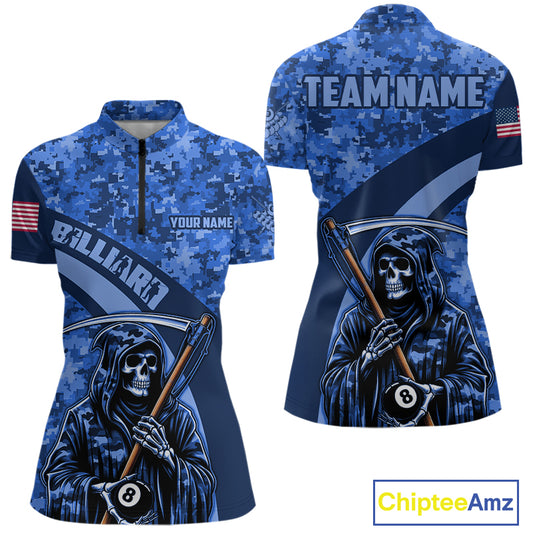Personalized Grim Reaper Blue Camo Billiard Shirts For Women Custom Military Billiard Jerseys TDM3985
