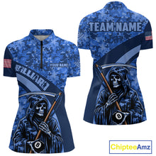 Load image into Gallery viewer, Personalized Grim Reaper Blue Camo Billiard Shirts For Women Custom Military Billiard Jerseys TDM3985