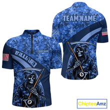 Load image into Gallery viewer, Personalized Grim Reaper Blue Camo Billiard Shirts For Men Custom Military Billiard Jerseys TDM3985