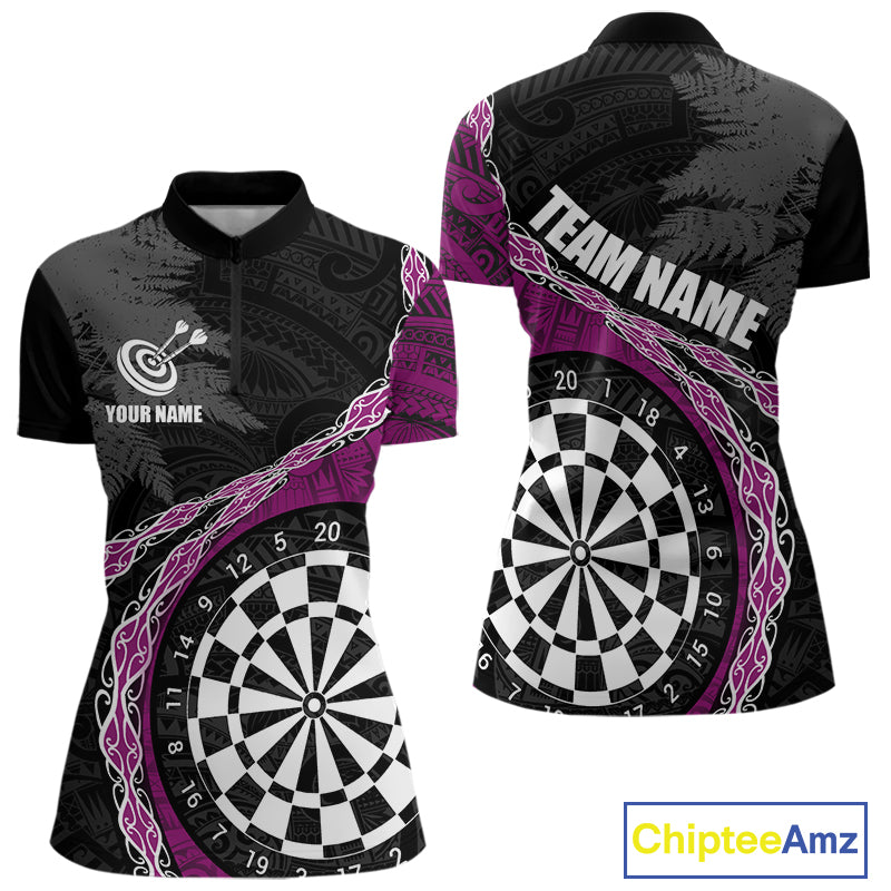 Custom Black And Purple Tribal Darts Shirts For Women | Team Polo & Quarter Zip Darts Jerseys TDM3991