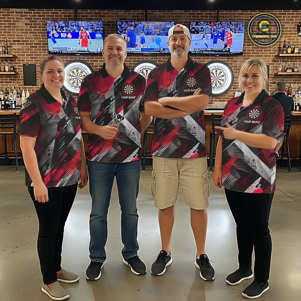 Personalized Red Geometric Grunge Darts Shirt For Men Custom Darts Team Jersey Polo & 1/4 Zip TDM6508