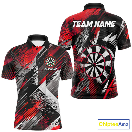 Personalized Red Geometric Grunge Darts Shirt For Men Custom Darts Team Jersey Polo & 1/4 Zip TDM6508