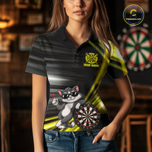 Load image into Gallery viewer, Custom Black And Yellow Funny Cat Darts Shirt For Women, Darts Jersey Polo &amp; 1/4 Zip, Darts Gifts TDM6510