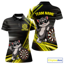 Load image into Gallery viewer, Custom Black And Yellow Funny Cat Darts Shirt For Women, Darts Jersey Polo &amp; 1/4 Zip, Darts Gifts TDM6510