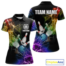 Load image into Gallery viewer, Colorful rainbow thunder lightning bowling team jersey polo shirt for women featuring vibrant multicolor lightning artwork, premium custom bowling league apparel for tournaments, league play and competitive bowling teams.