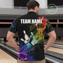 Load image into Gallery viewer, Man wearing colorful rainbow thunder lightning bowling team jersey quarter zip shirt featuring vibrant lightning artwork, back view.